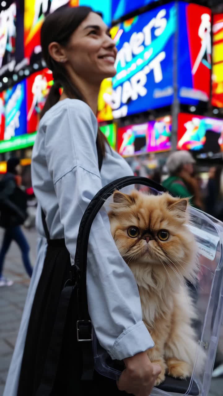 Woman Carrying a Persian Cat in a Transparent Backpack Carrier on a City Street at Night