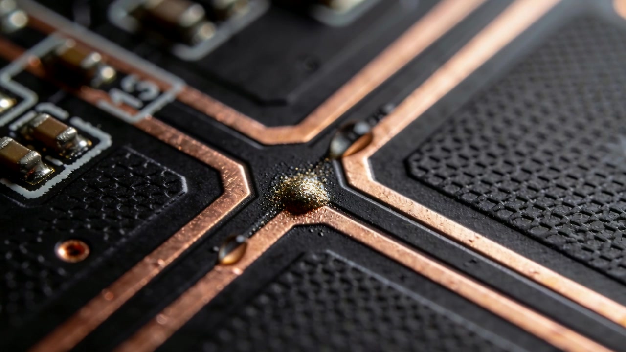 Camera moving closer over circuit board focusing on gold spot near copper traces, AI-generated