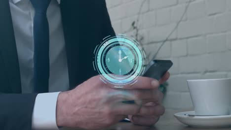 Animation-of-clock-over-caucasian-businessman-using-smartphone