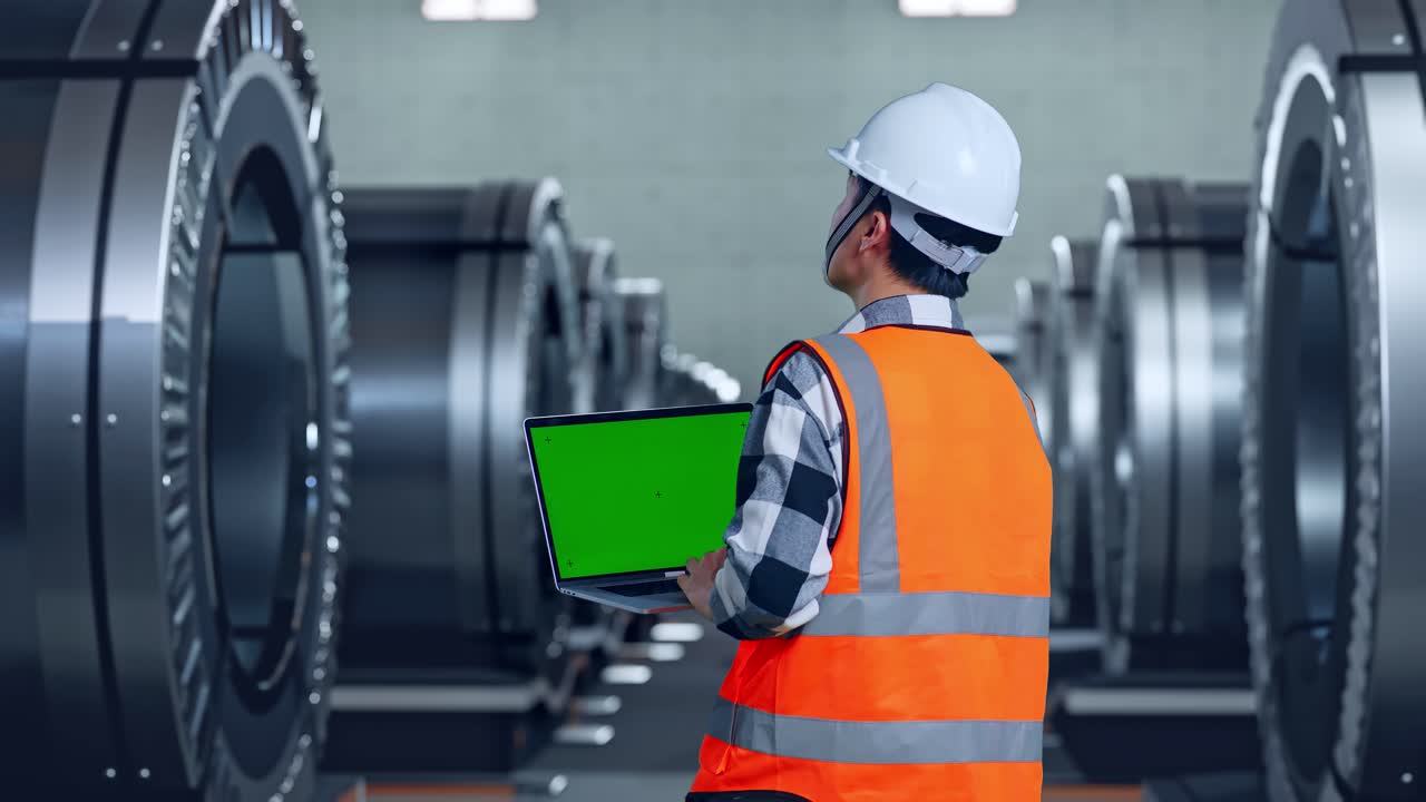 안전 헬을 입은 아시아 남성 엔지니어가 녹색 스크린 노트북에서 작업하고 금속 공장에서 서서 주변을 둘러보고 있습니다.