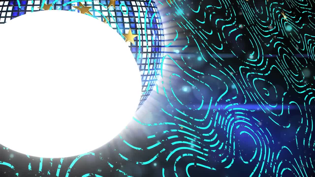 animación de un círculo iluminado sobre una bola de disco rotativa y un patrón abstracto con destello de la lente