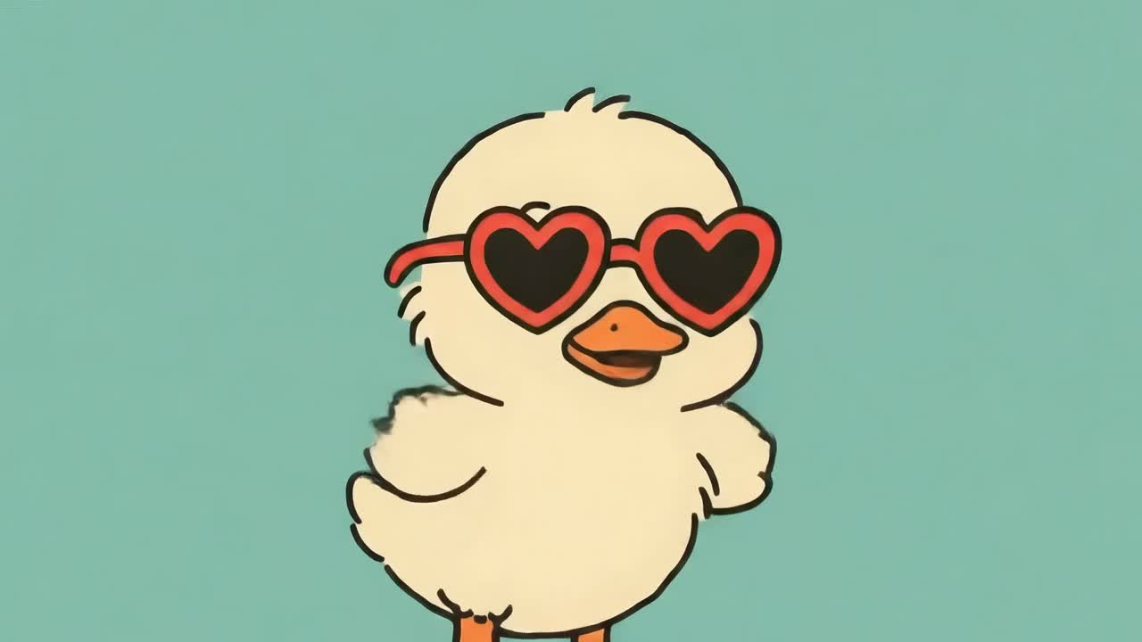 Cute cartoon duck with heart sunglasses, front view. Perfect for a playful video theme. Live desktop