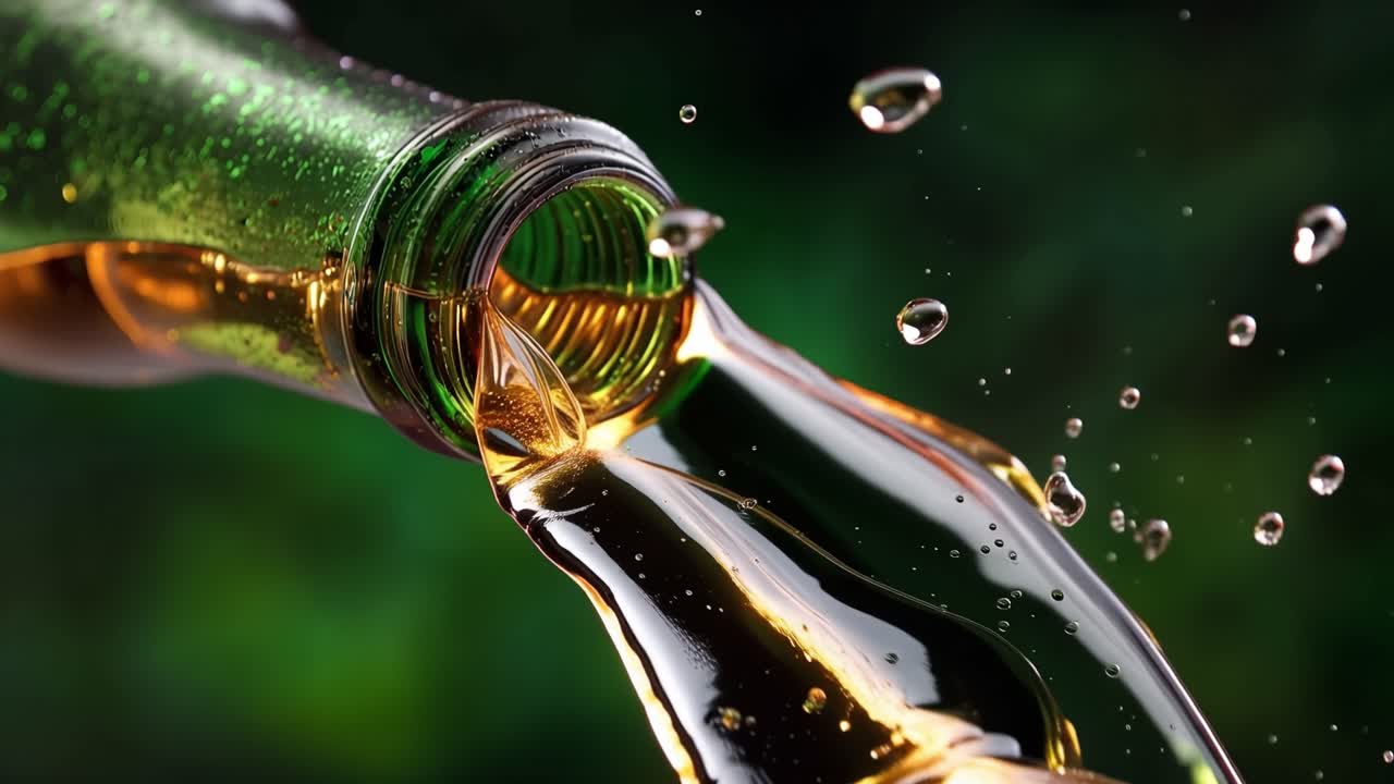 Liquido dorato che si versa da una bottiglia verde al rallentatore.