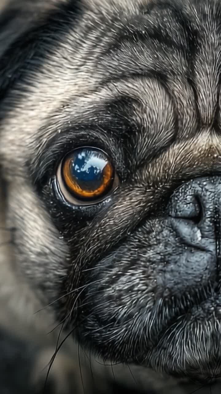 Primer Plano Cautivador del Rostro de un Pug Mostrando sus Rasgos Distintivos y Ojos Expresivos, Resaltando su Personalidad Única y Encanto.