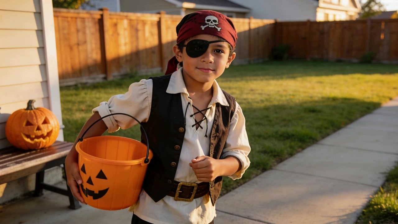 Niño pequeño disfrazado de pirata para Halloween