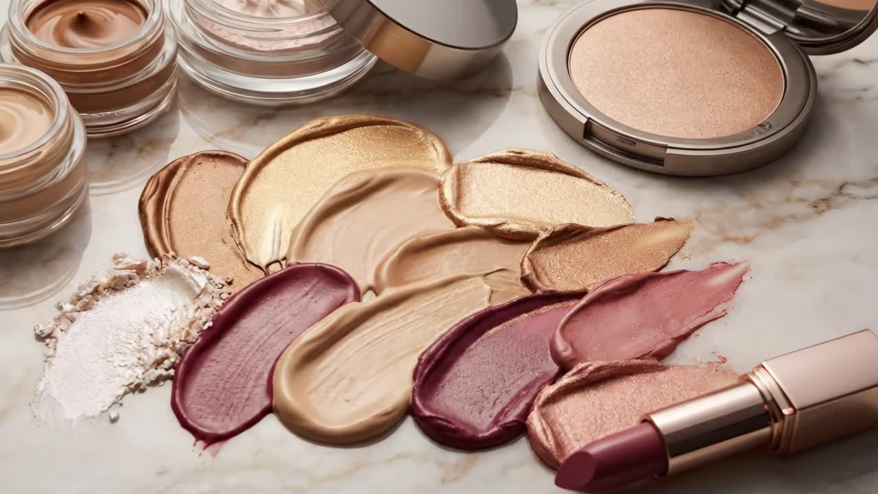 Primo piano di campioni di trucco di lusso e prodotti di bellezza su marmo