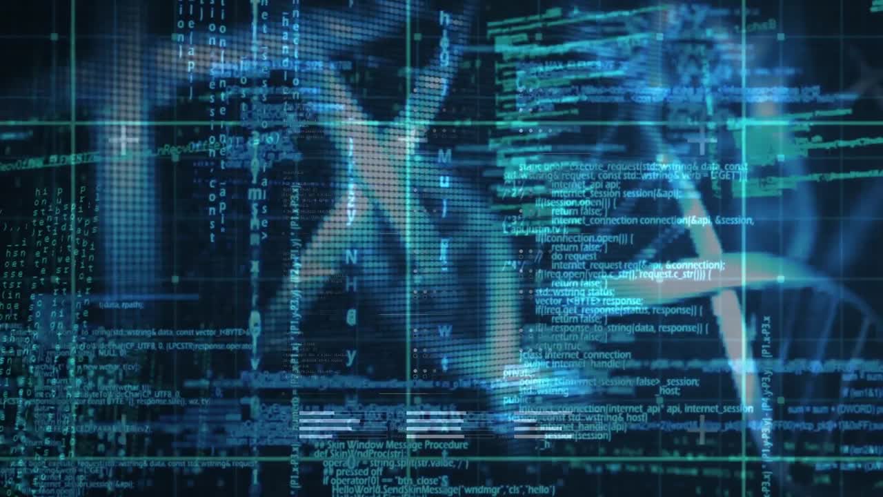 animación de cadenas de adn girando y procesamiento de datos sobre la cuadrícula