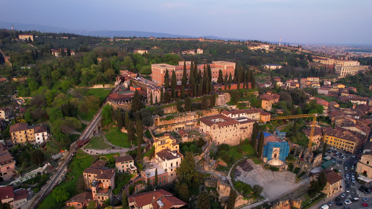 Elegant San Pietro castle in Verona. Aerial dolly in view