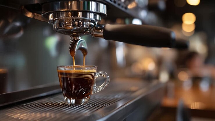 Espresso corposo scorre in una tazza di vetro. Un dripper in metallo brilla su uno sfondo caldo. L'atmosfera del caffè è invitante e accogliente. Perfetto per il branding di caffè o pubblicità di bevande. Cattura un momento di quiete.