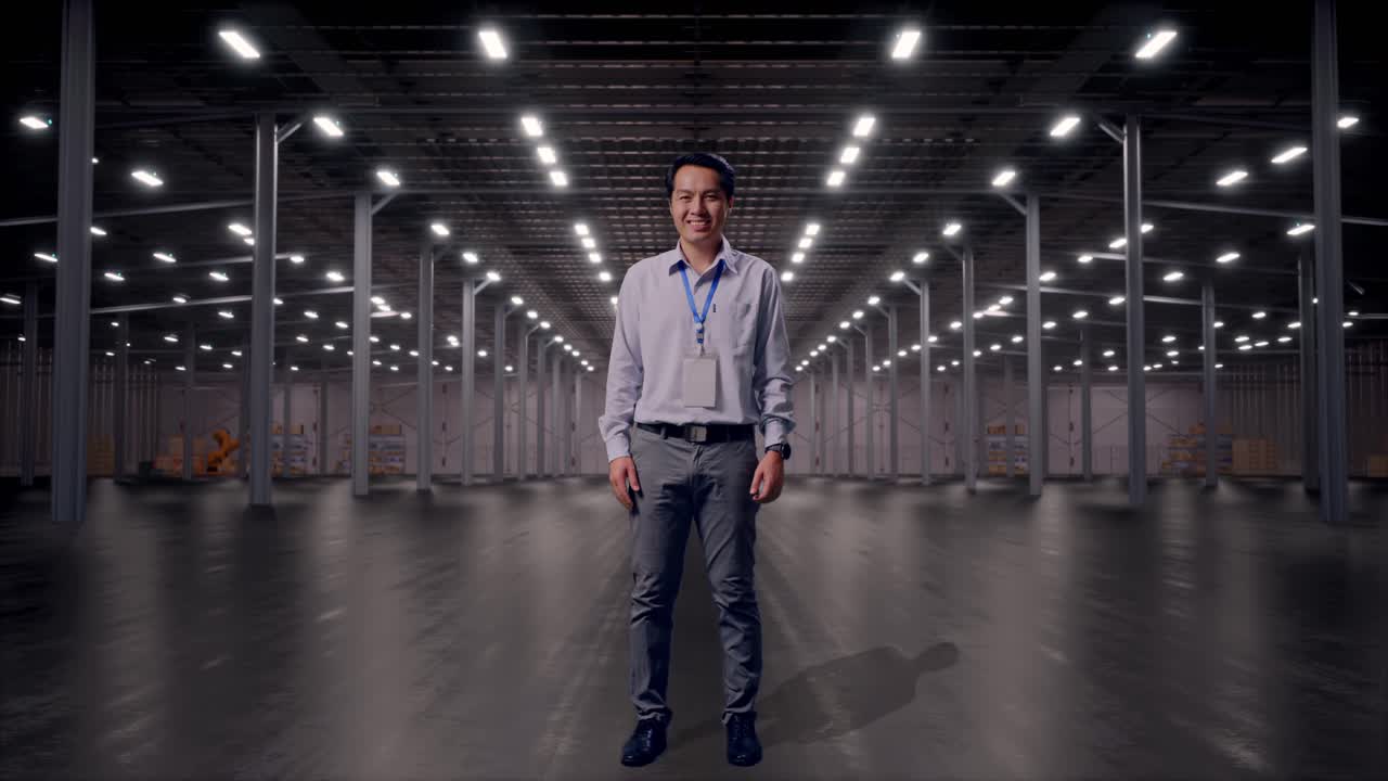 Un lavoratore professionista asiatico a figura intera in piedi in un magazzino moderno vuoto, che guarda la telecamera e sorride.