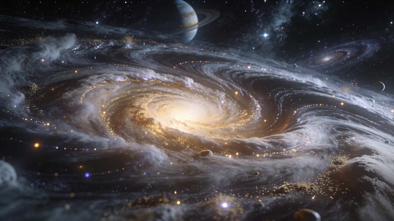 Galassia a spirale rotante con un nucleo dorato brillante che attira la polvere verso l'interno nello spazio profondo