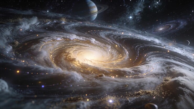 Rotating spiral galaxy with bright golden core pulling dust inward in deep space
