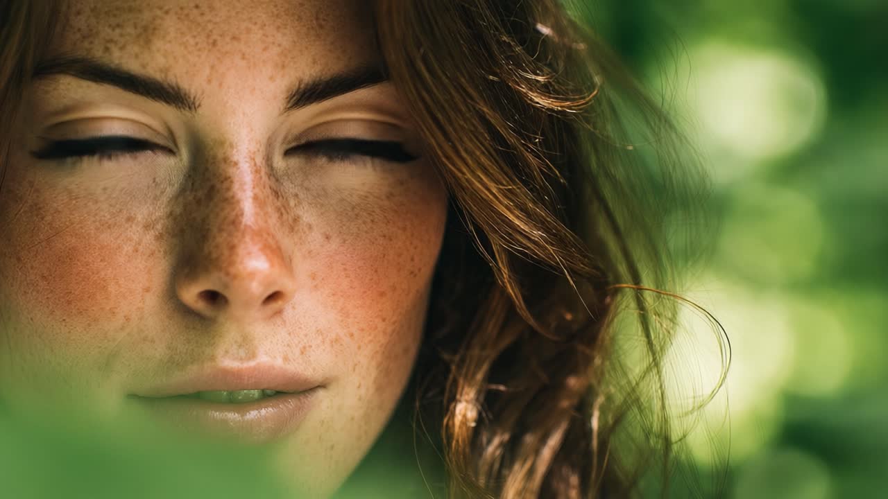 A Close-Up Portrait of a Woman with Freckles Surrounded by Greenery, Capturing a Moment of Natural Beauty and Serenity in the Wilderness