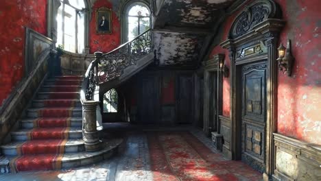 a stairway in an old building with a red carpeted floor