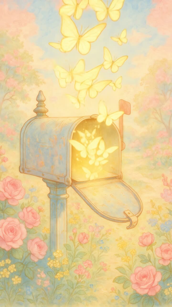 Whimsical video concept with glowing butterflies emerging from a vintage mailbox