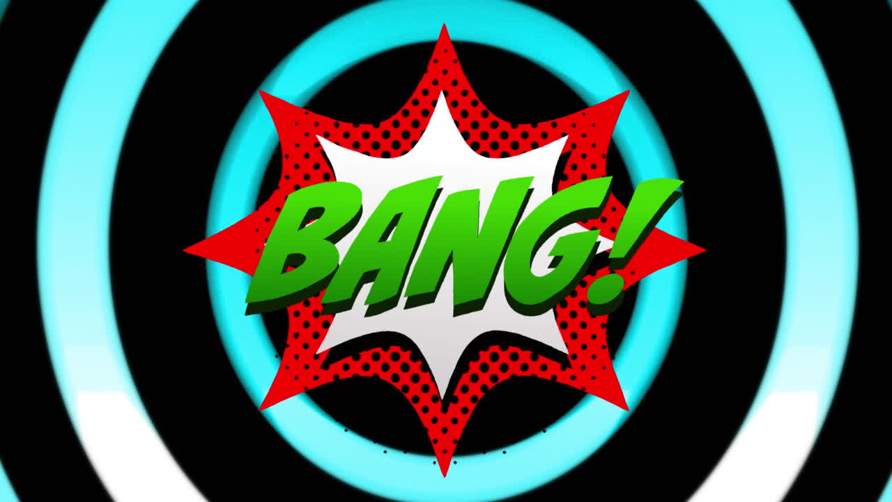 animación del texto de la explosión sobre círculos de colores sobre fondo negro