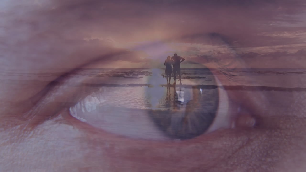 Animation of sunset reflecting in eye as couple standing on beach, serene scene