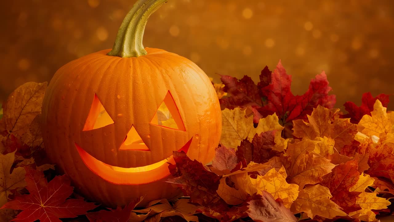 Showcasing carved jack-o'-lantern pumpkin resting on maple leaves on tabletop evoking fall ambiance