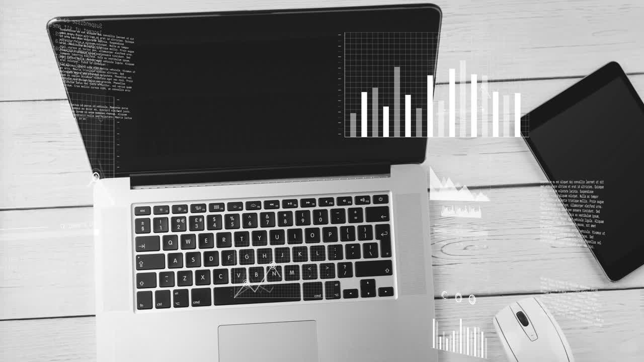 On cloud icon fading onto laptop screen, charts and icons animating to visualize data trends