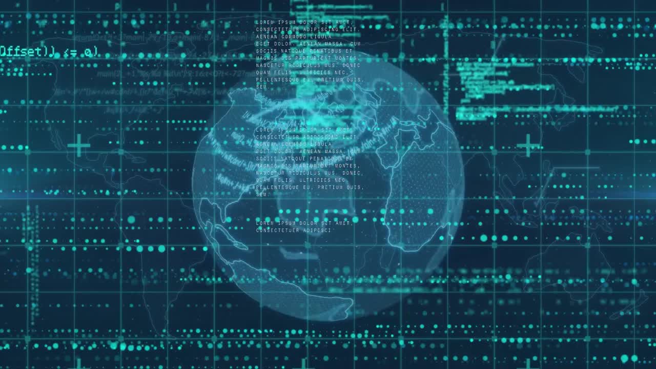 Animation of data processing and globe over blue background