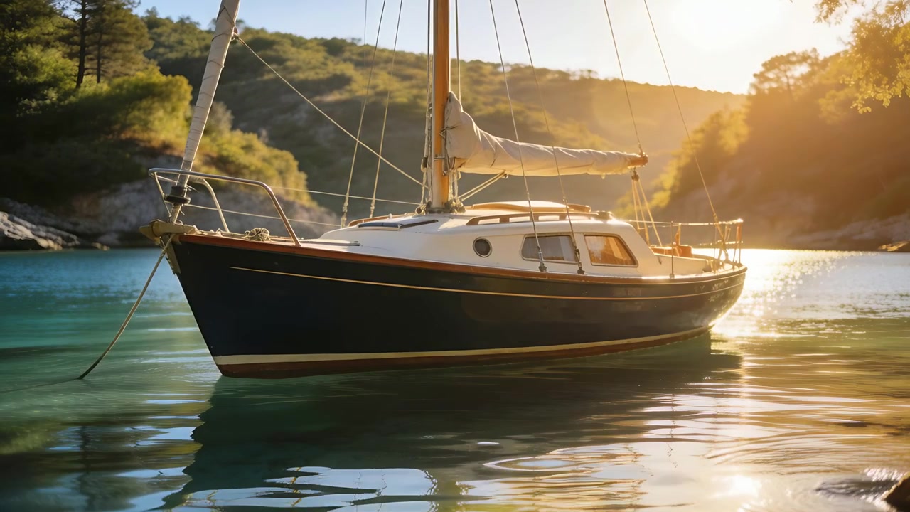 Barca a vela dallo scafo scuro che ondeggia, con cabina bianca e vela ammainata, in una baia tranquilla, con il sole che riscalda l'acqua.