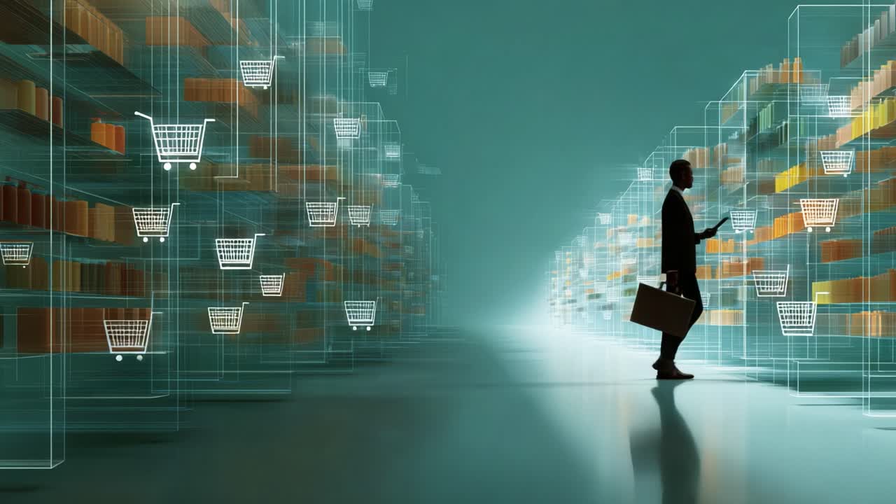 Exploring Digital Shopping: A Businessman Analyzes Inventory in a Futuristic Warehouse, Surrounded by Interactive Shelves and Virtual Shopping Carts, Indicating a Blend of Technology and Retail