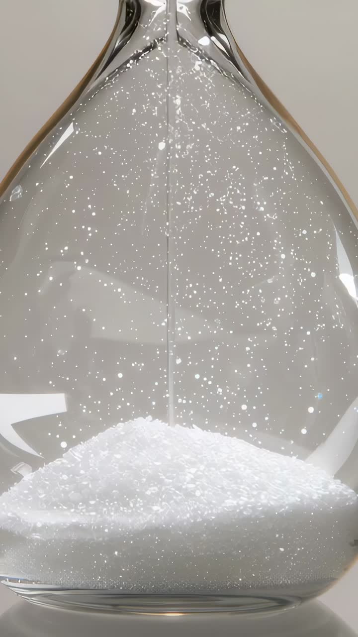 Vertical video: Gravity starting glass hourglass filling base with salt granules in studio