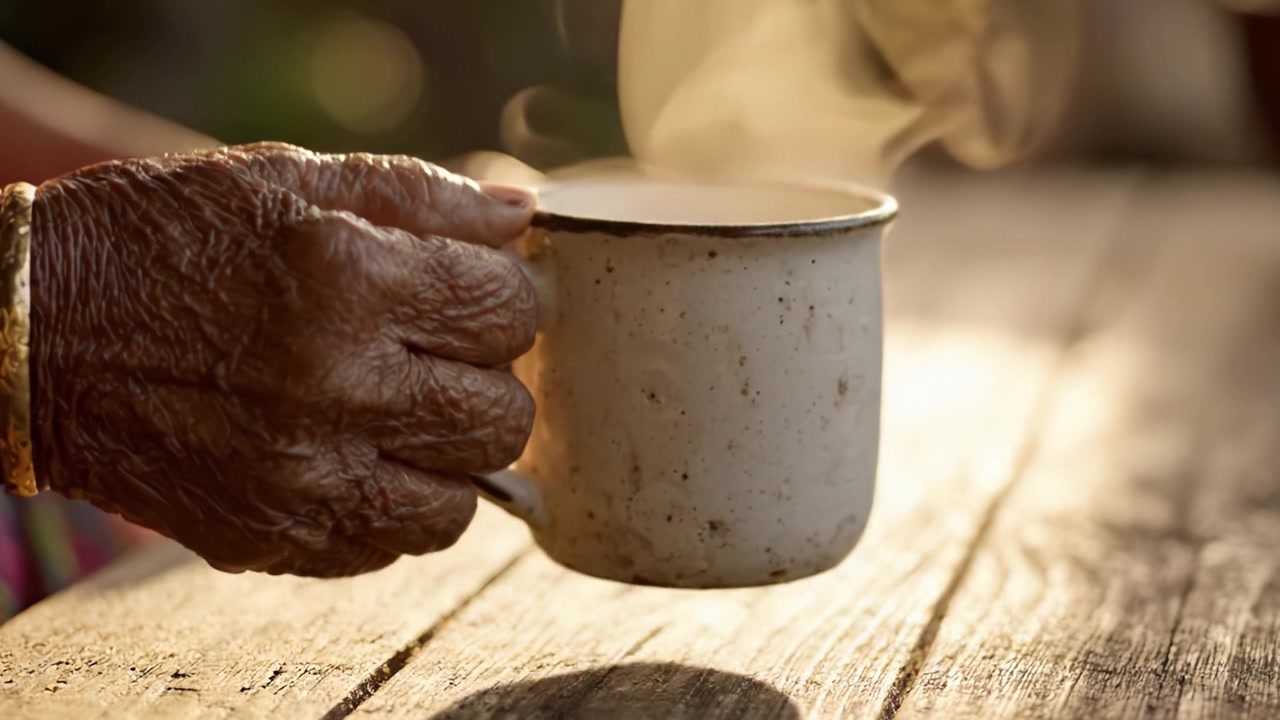 Un caldo abbraccio: la presenza confortante di una tazza fumante tenuta delicatamente in mani segnate dal tempo, evocando momenti di riflessione e serenità in un ambiente intimo
