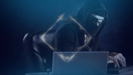 animation of data processing, with masked hacker using laptop and computer in dark room