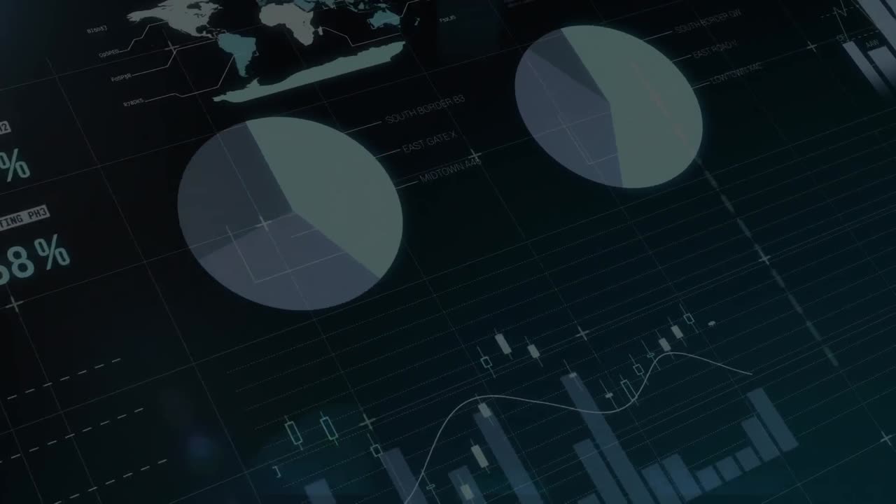 Composition of the lines of digital composite of colorful pie chart and histogram forming on screen
