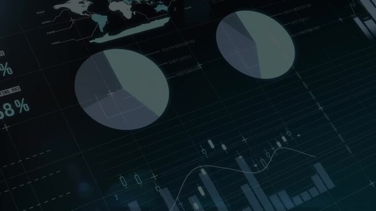Composition of the lines of digital composite of colorful pie chart and histogram forming on screen