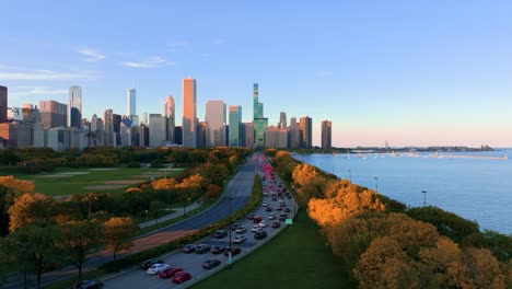 chicago dusable lake shore drive with fall foliage aerial view