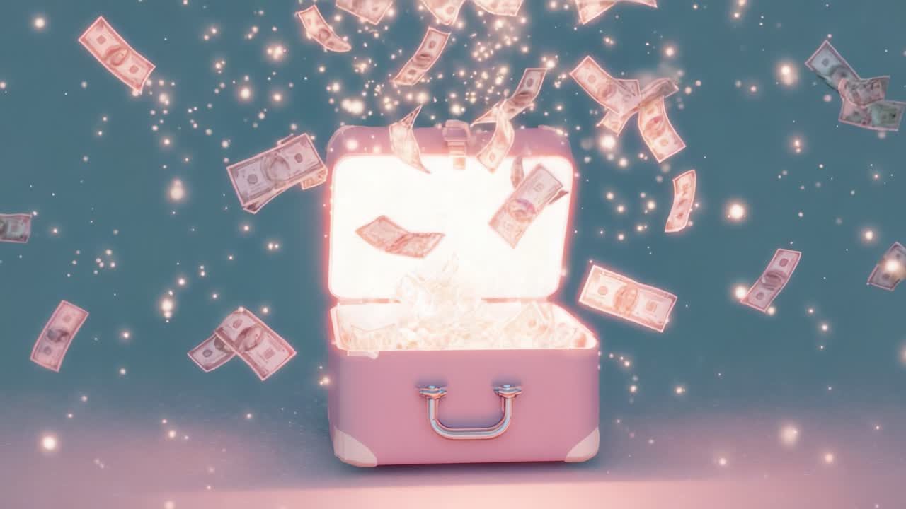 A Magical Treasure Chest Bursting with Cash, Revealing a Glittering Display of Flying Money, Sparkles, and a Dreamy Atmosphere of Wealth and Abundance Awaiting Discovery