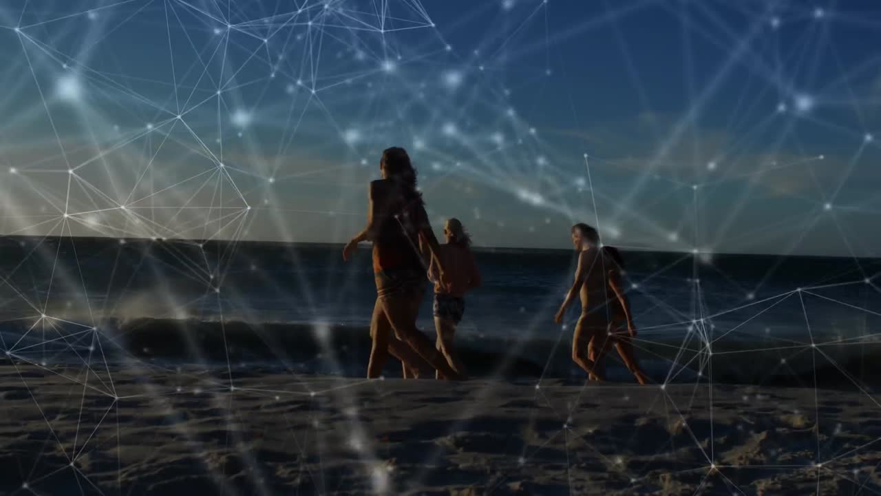 animación de conexiones sobre mujeres diversas caminando por la playa al atardecer