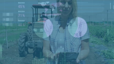 animación de procesamiento de datos financieros sobre mujer caucásica con tableta en el campo