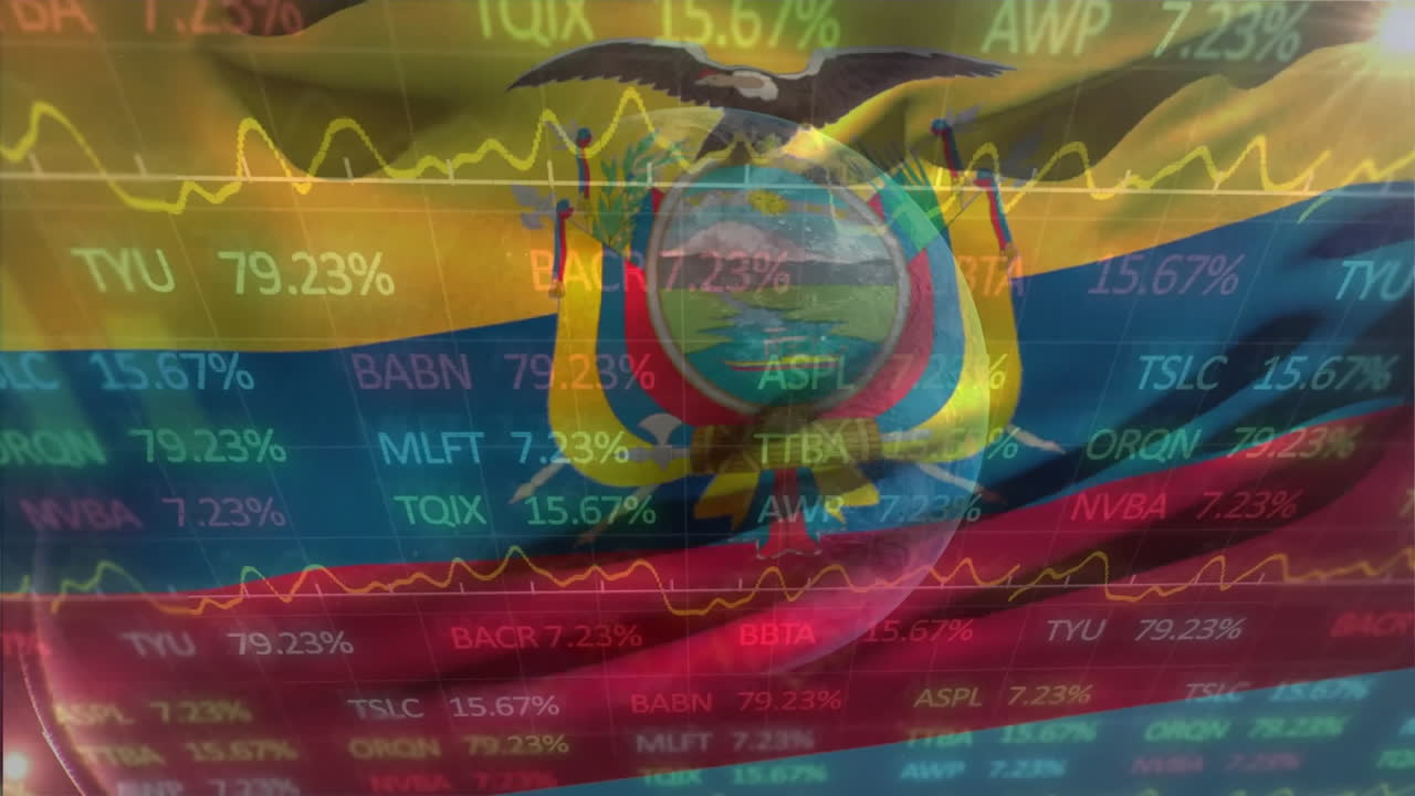 animación del procesamiento de datos financieros sobre la bandera de ecuador.