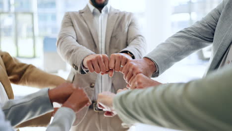 business people, hands and group fist bump