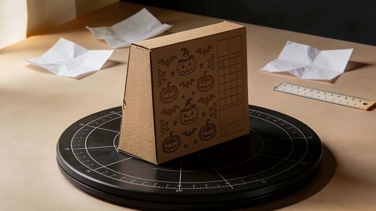 Rotating turntable starting spin of pumpkin cardboard calendar on tabletop to reveal each face