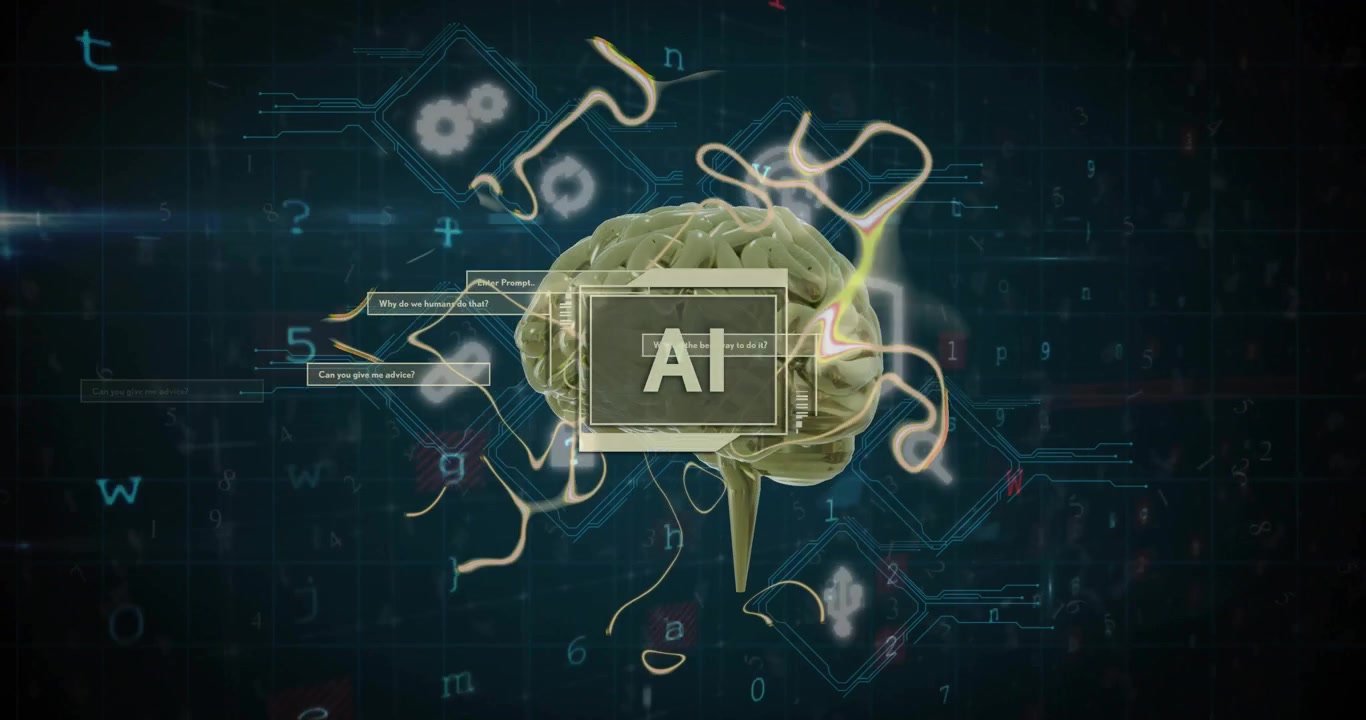 Animation of ai text, human brain and data processing