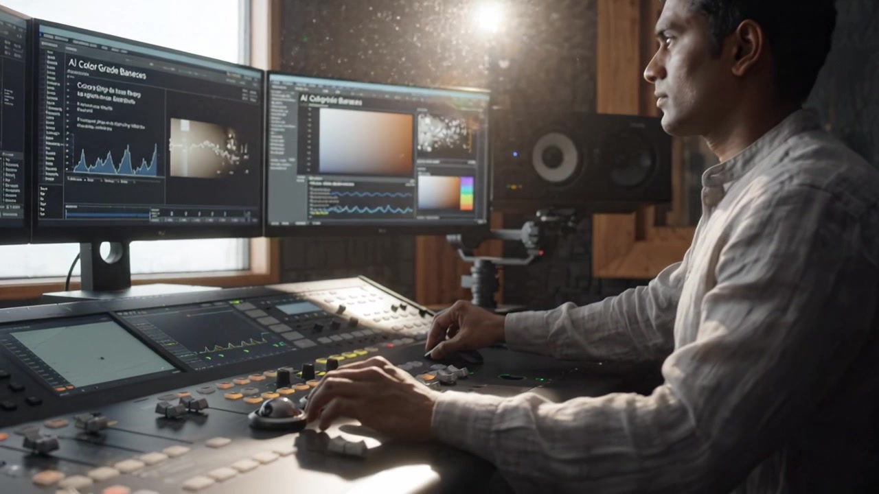 A dedicated individual engaged in the intricate process of video color grading, utilizing advanced software and hardware in a modern editing studio environment.