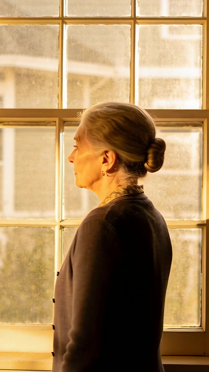 Vertical video: Turning woman reacting to sun, rotating to back by sash window, wearing cardigan