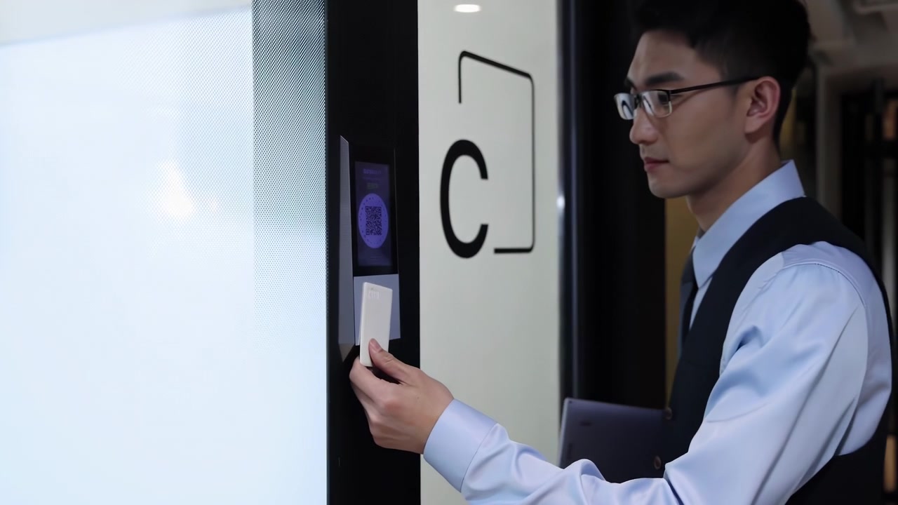 Confident handsome businessman hold laptop computer using key card swiping and pushing open meeting room door of office with electronic smart lock modern entry secure to meet business partners