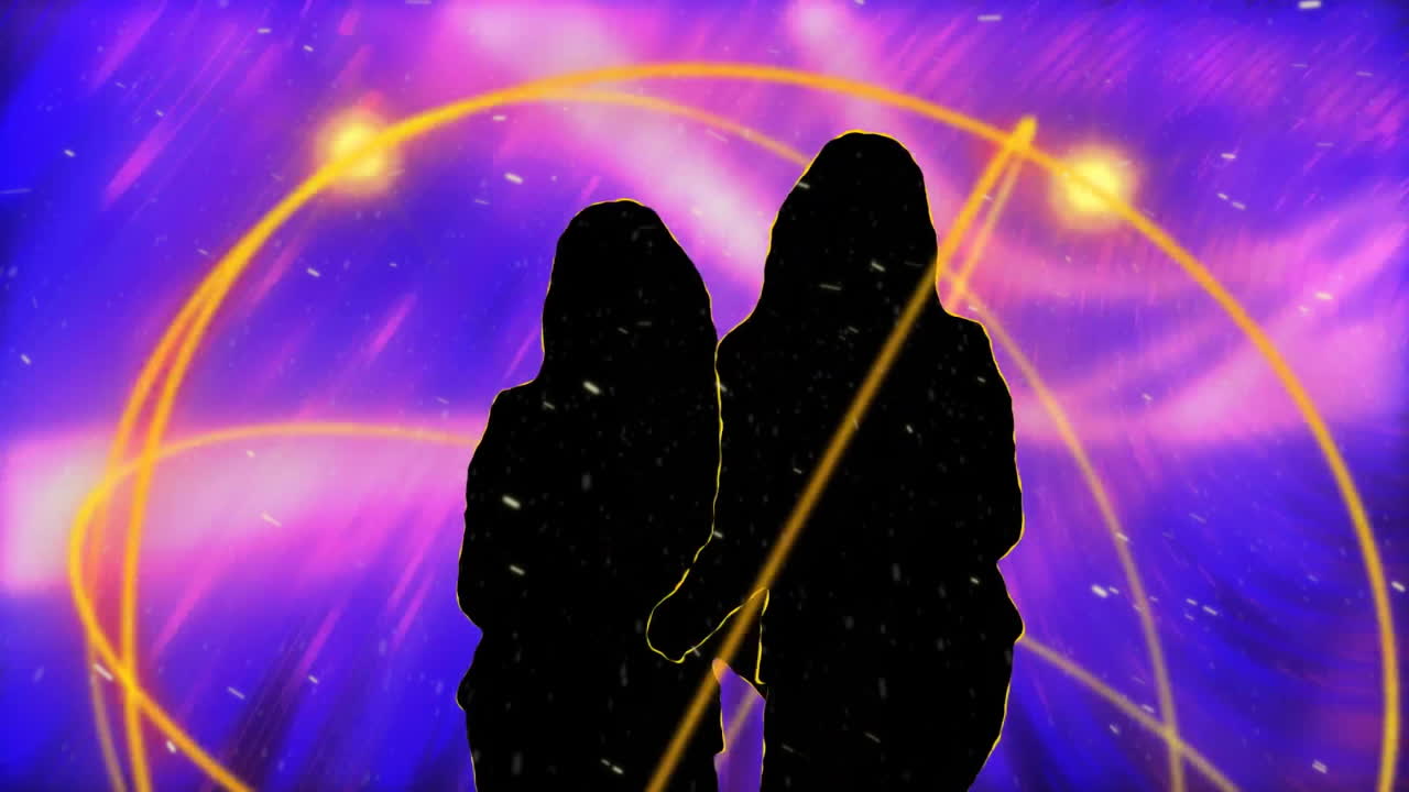 Due figure stilizzate che fluttuano in una scena cosmica, con linee orbitali luminose che turbinano con scie di luce