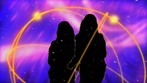 two silhouetted figures floating in cosmic scene, glowing orbital lines swirling with light trails
