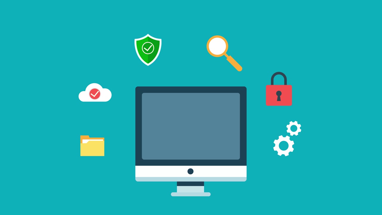 Flat Design Animation of Computer with Security and Data Icons