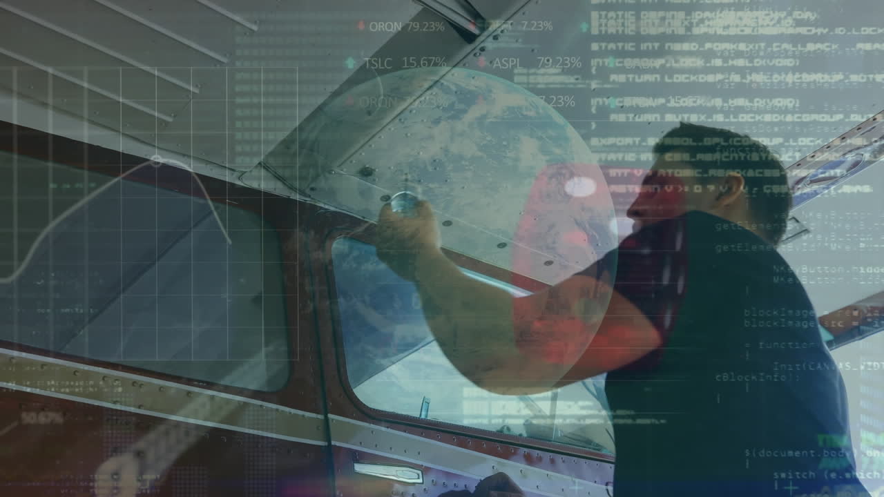 animación del globo y procesamiento de datos financieros sobre ingeniero masculino.