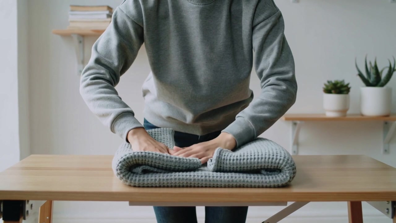 Placing blanket flat, woman in gray sweatshirt folding it into bundle on wood table with shelves