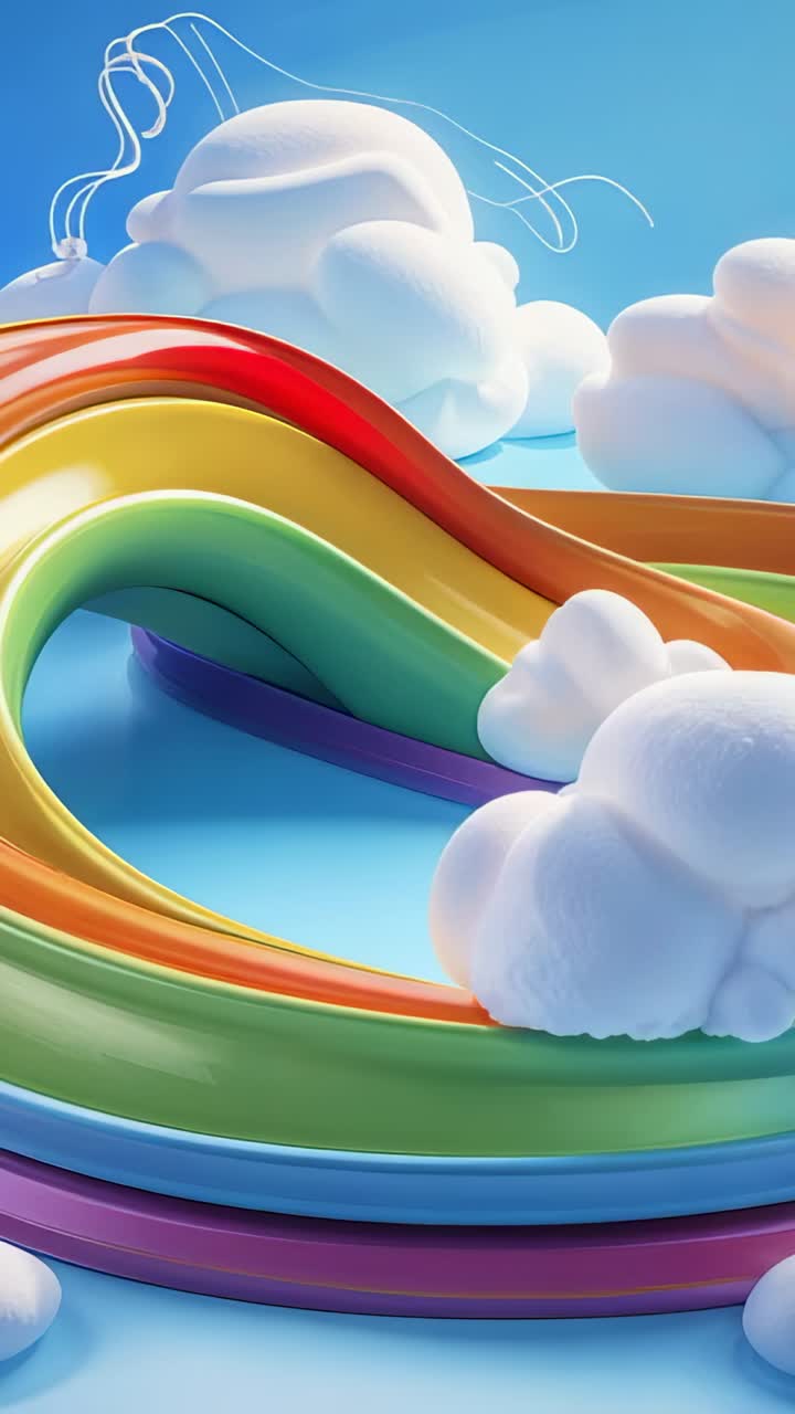Vertical video: Orbiting camera making rainbow arch rising in sky, with cloud puffs, cloud outline