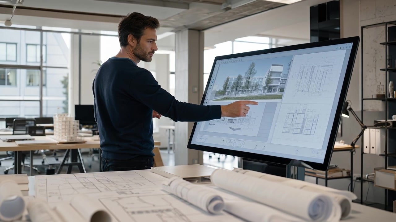 Professionele architect wijst naar een groot digitaal scherm met architectonische gebouwontwerpen en bouwtekeningen.