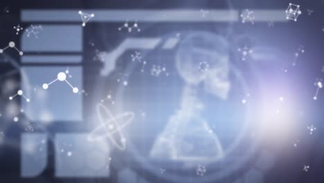 animación de moléculas y elementos químicos flotando sobre un modelo de esqueleto humano en 3d